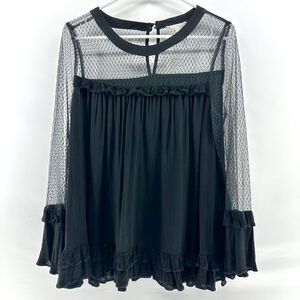 EASEL Black Sheer RUFFLE Swiss Polka Dot BOHEMIAN GYPSY Boutique Top WOMENS S